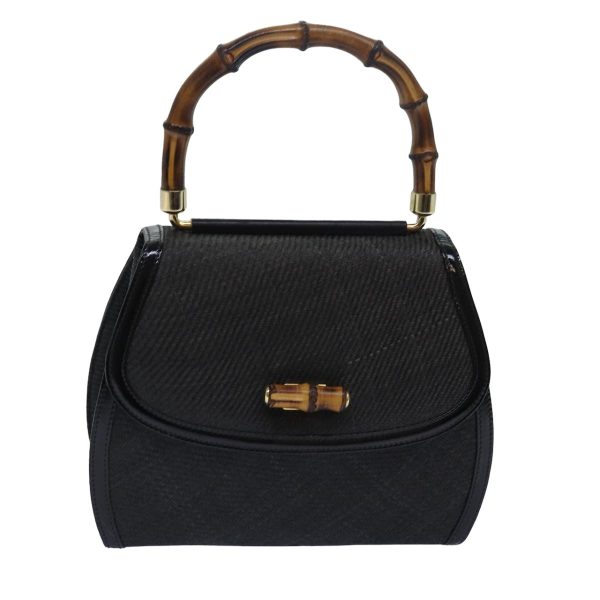 GUCCI Bamboo Hand Bag Straw Gray Black 000 46 0266 78429 Cheap