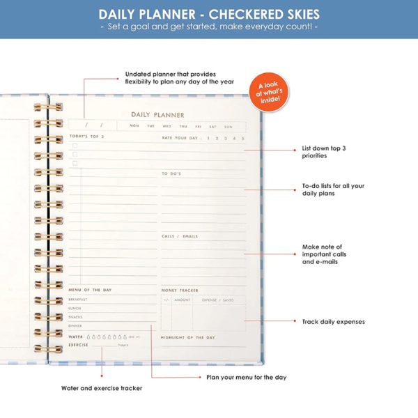 7mm Undated Daily Planner - Checkered Skies on Sale